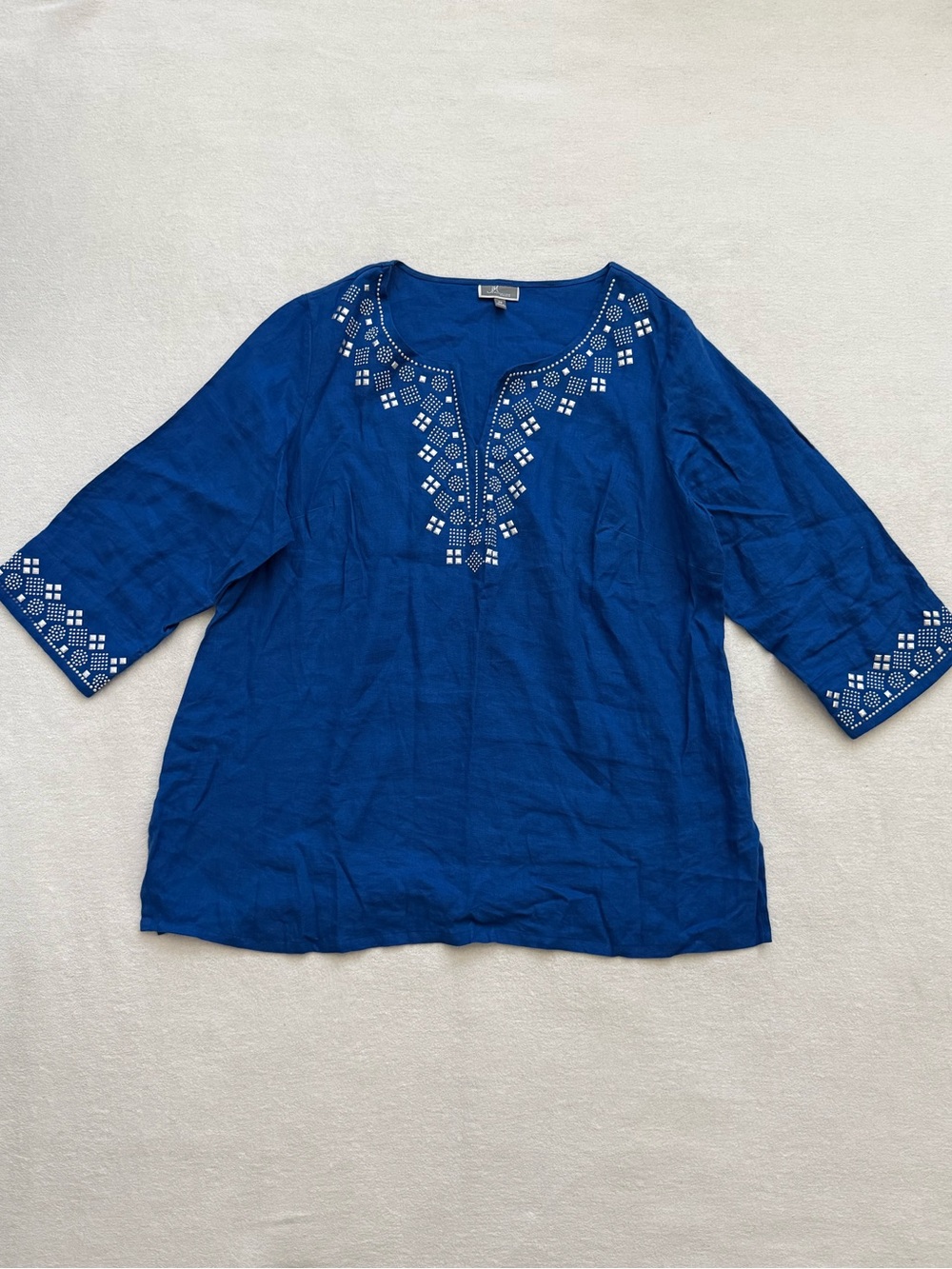 Embroidered 100% Linen Boho Tunic Top Blue Size 2X 3/4 Sleeve